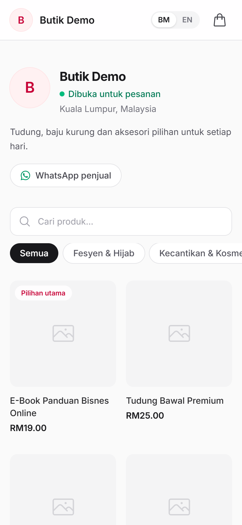 Shop page for Butik Demo with product grid
