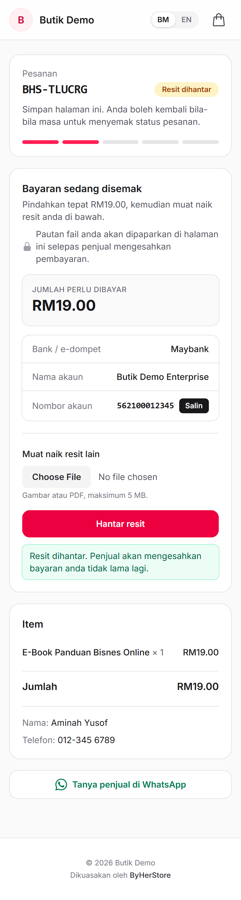 Order page after the receipt was uploaded