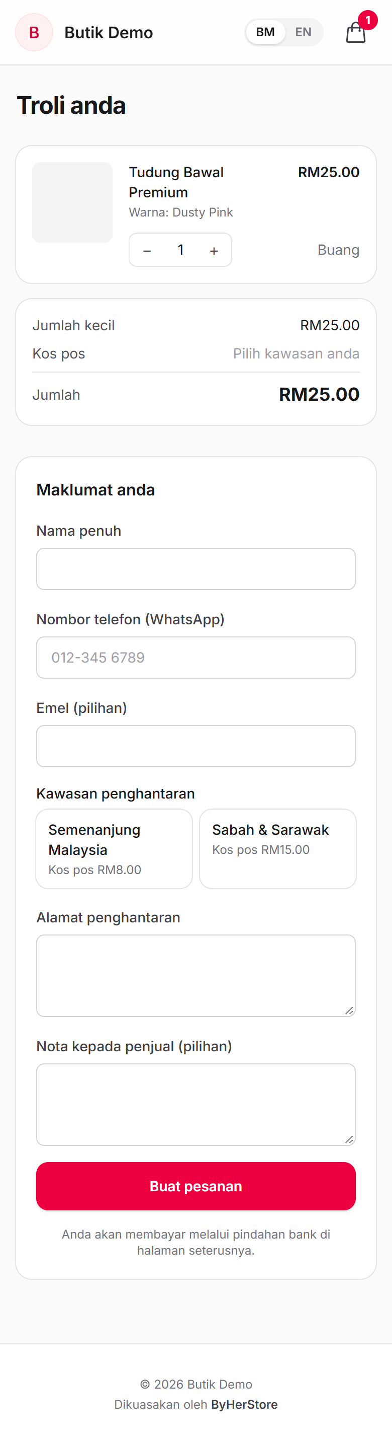 Checkout showing the two delivery region cards and postage not yet chosen