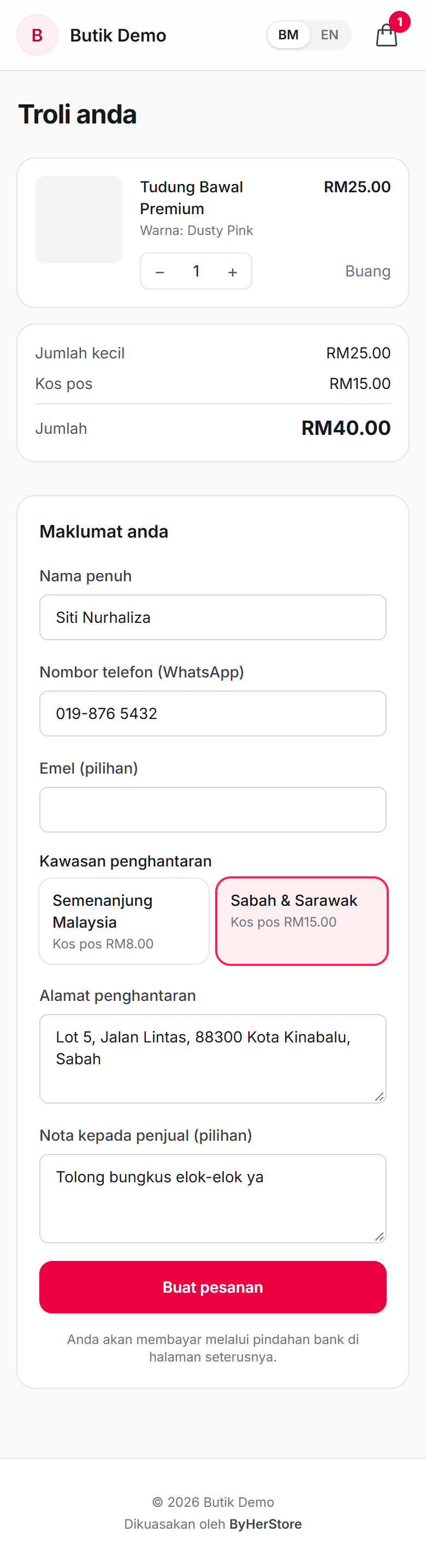 Checkout with Sabah and Sarawak selected and the total at RM40